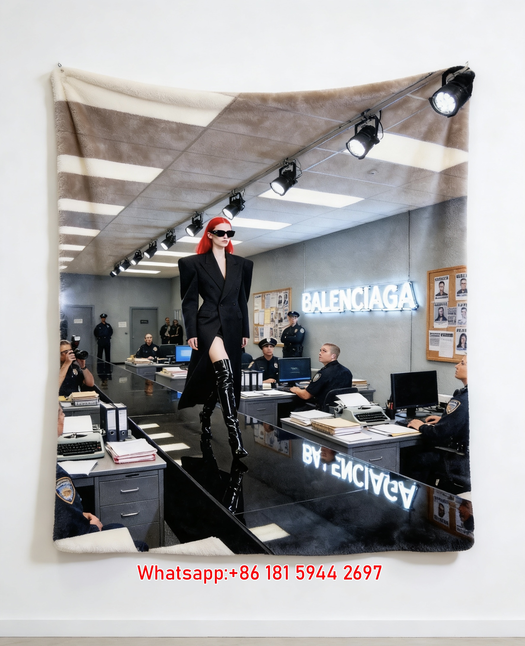 Balenciaga Police Station Runway Print Flannel Throw Blanket BA272